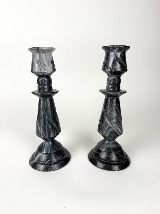 Black marble candlesticks - Set of 2