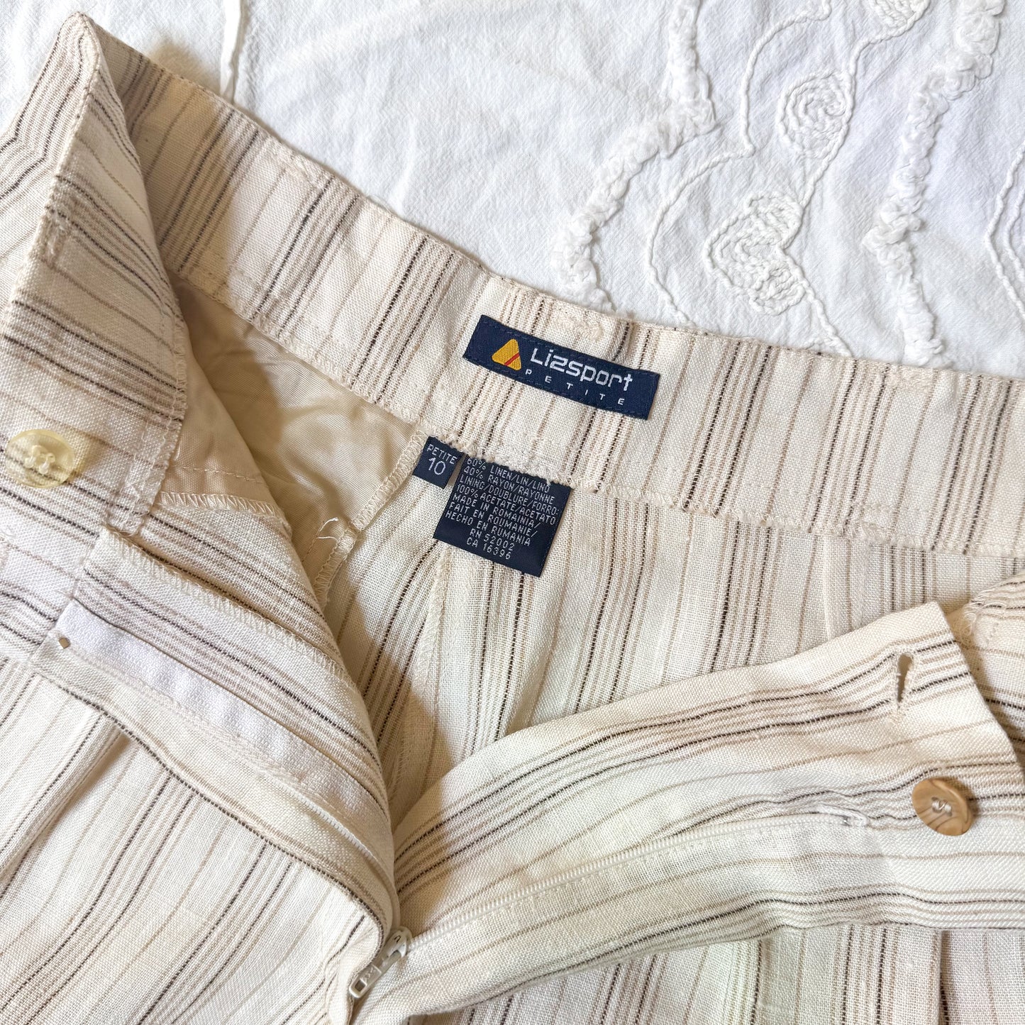 LizSport tan & cream striped high-waisted shorts