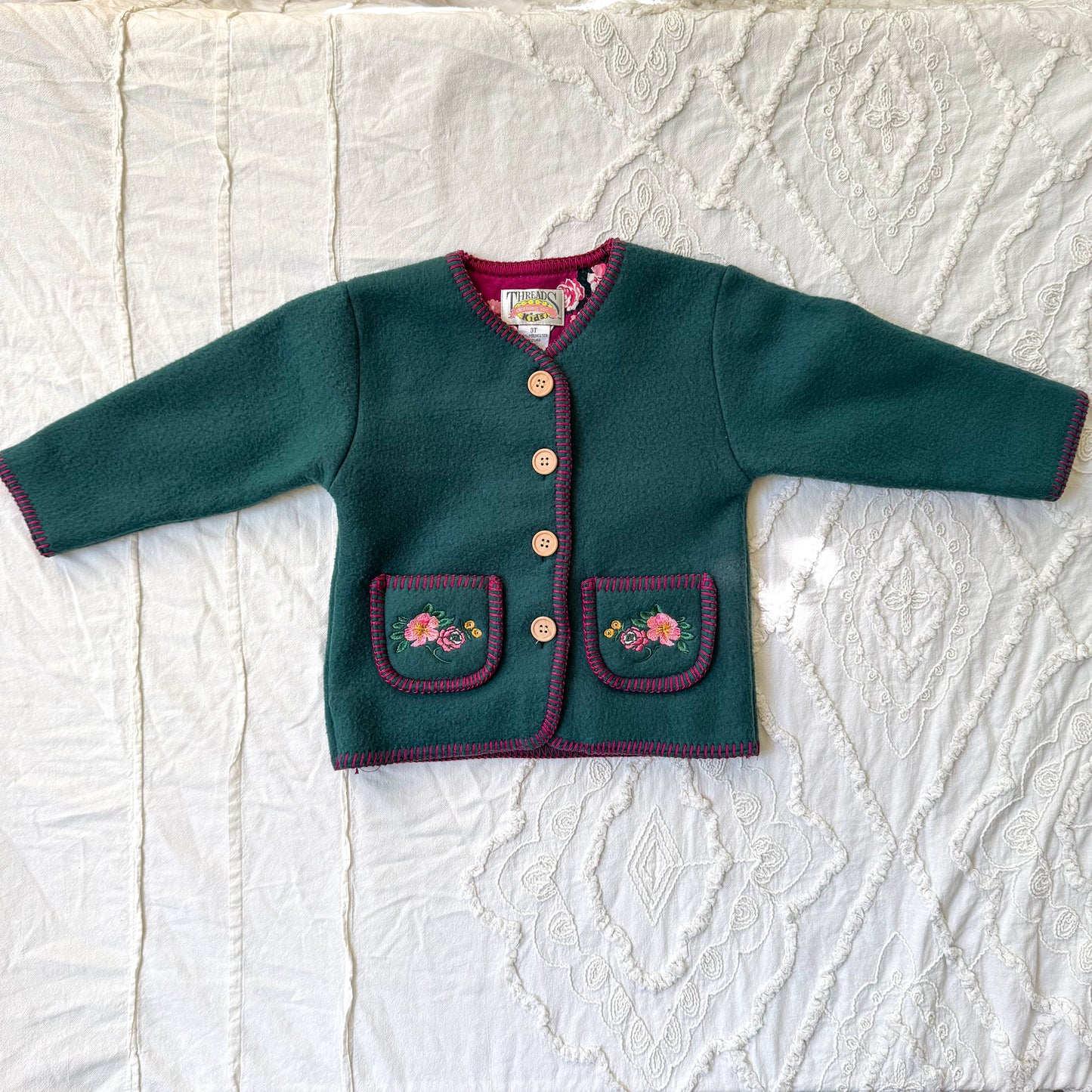 Kids Threads Floral Embroidered Green Fleece Sweater
