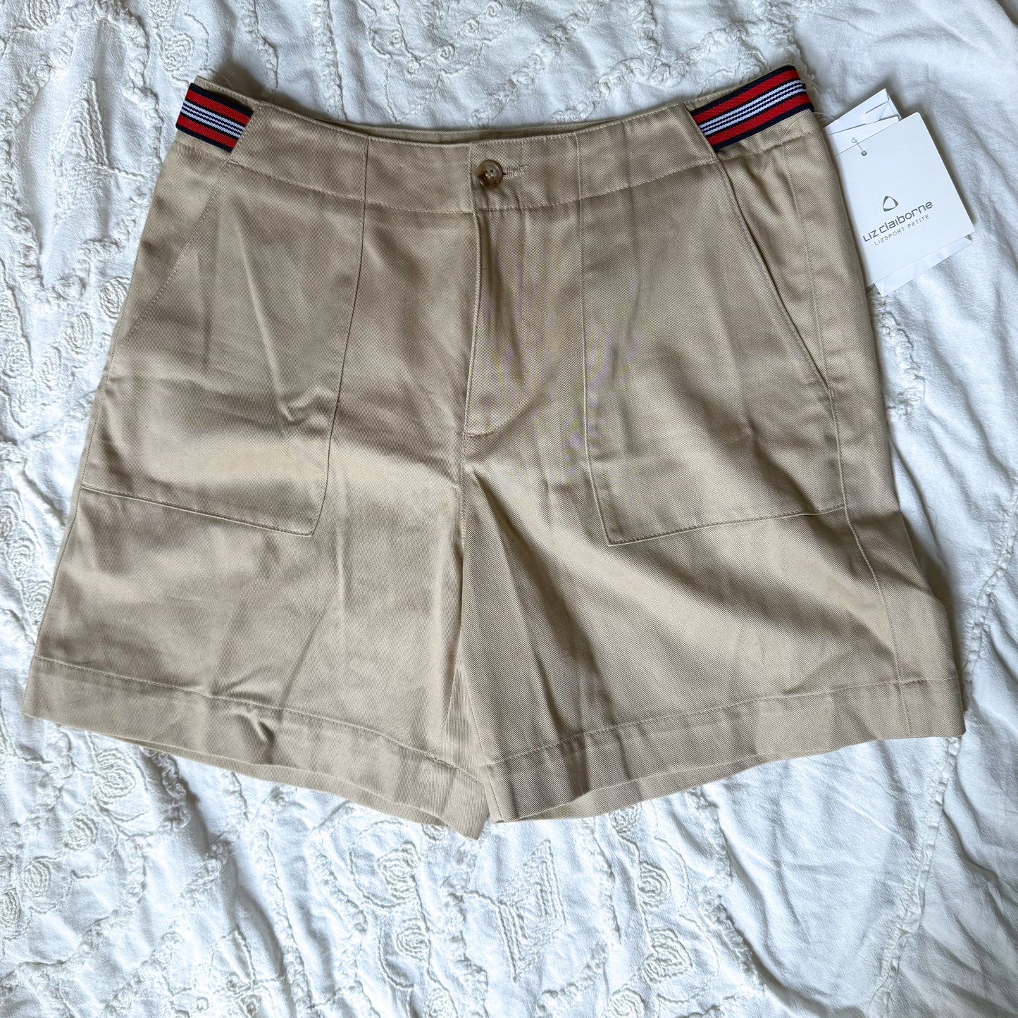 Vintage NWT Lizsport khaki shorts w/ elastic side stripe tabs
