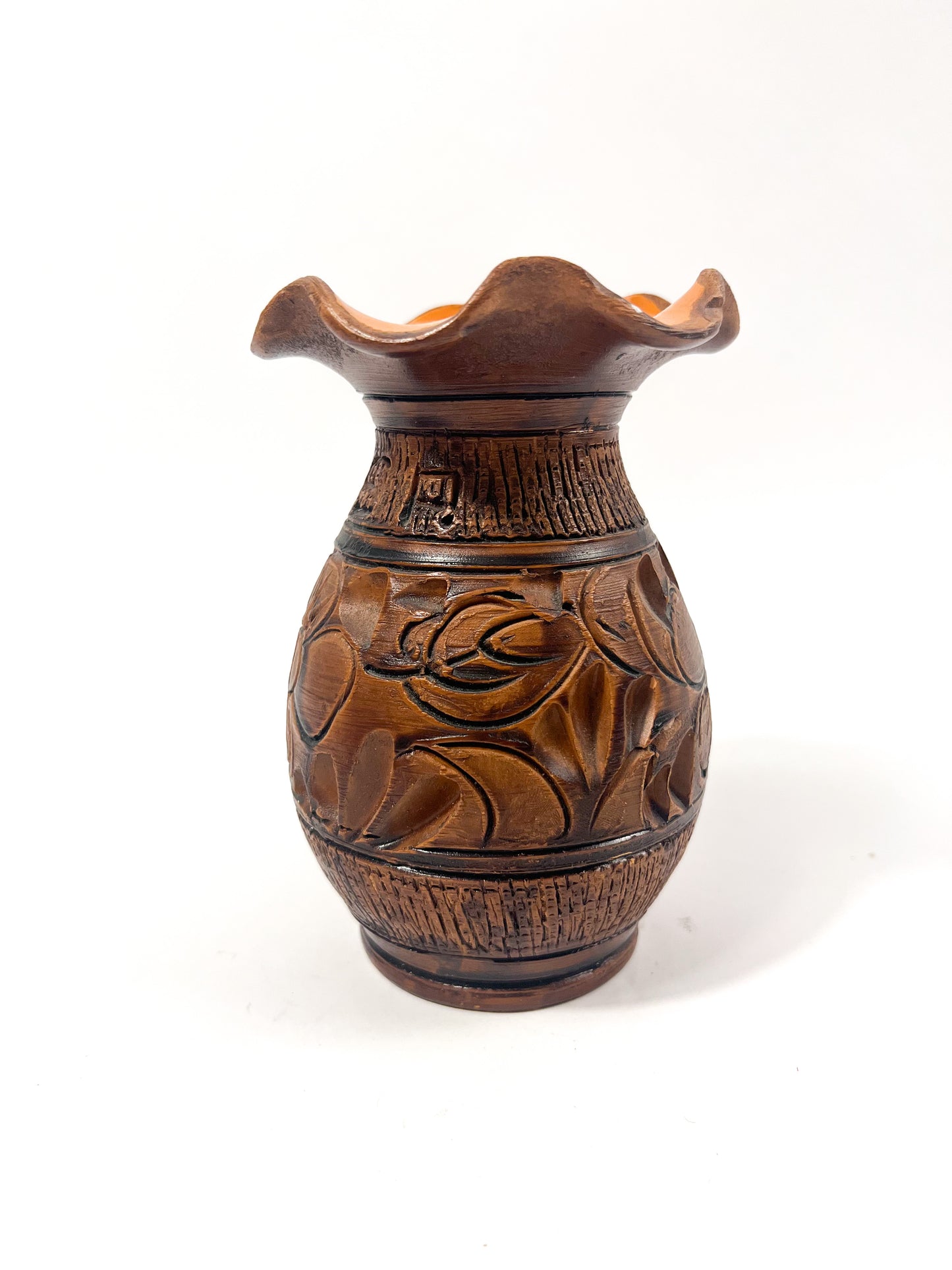 Hand Carved & Glazed Red Clay Vase