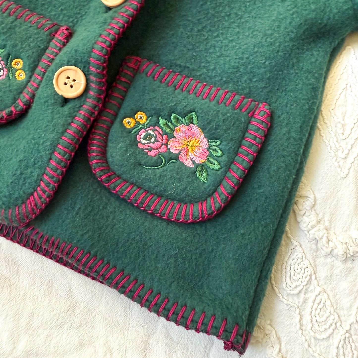 Kids Threads Floral Embroidered Green Fleece Sweater