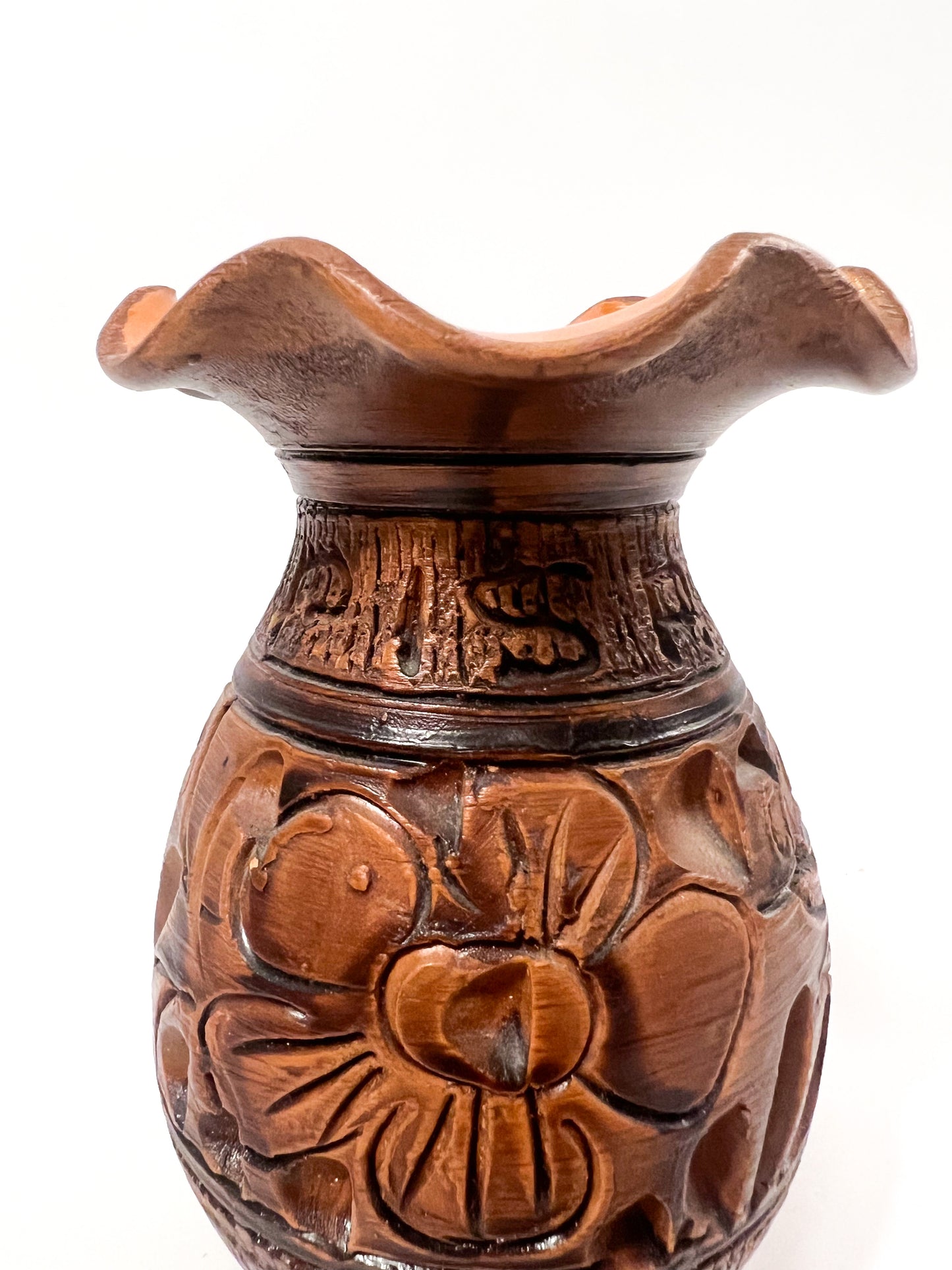 Hand Carved & Glazed Red Clay Vase