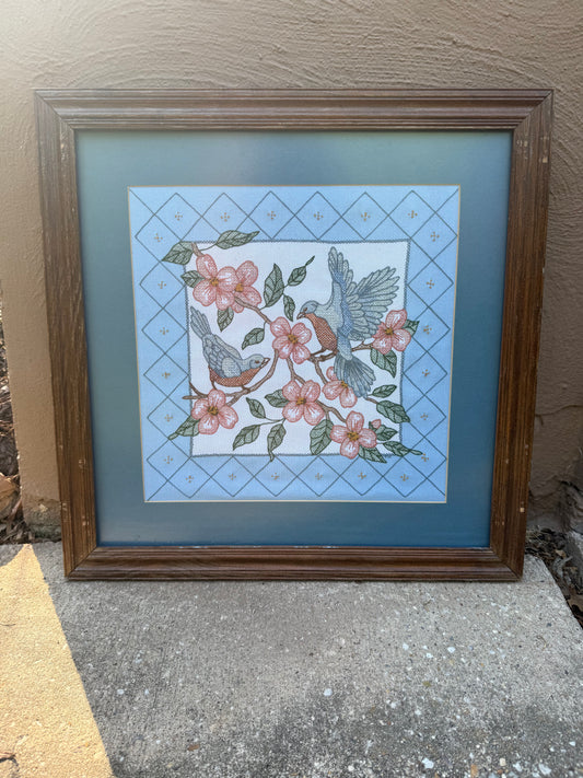 Framed Blue Birds Cross Stitch