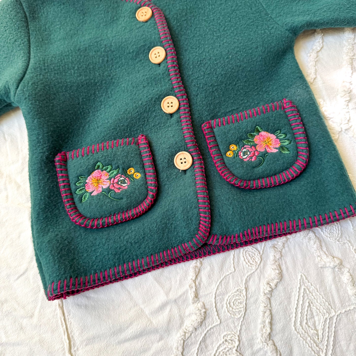 Kids Threads Floral Embroidered Green Fleece Sweater
