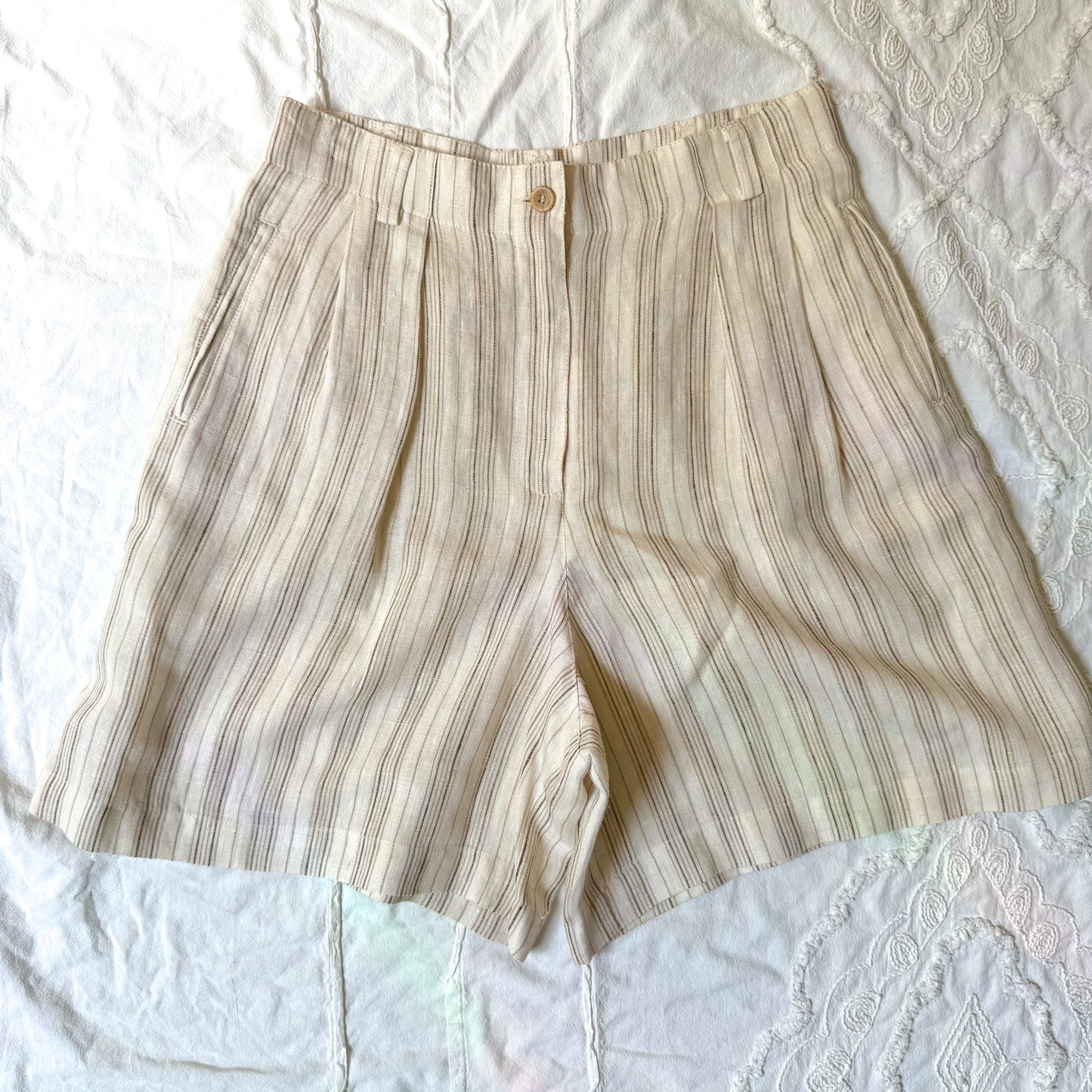 LizSport tan & cream striped high-waisted shorts