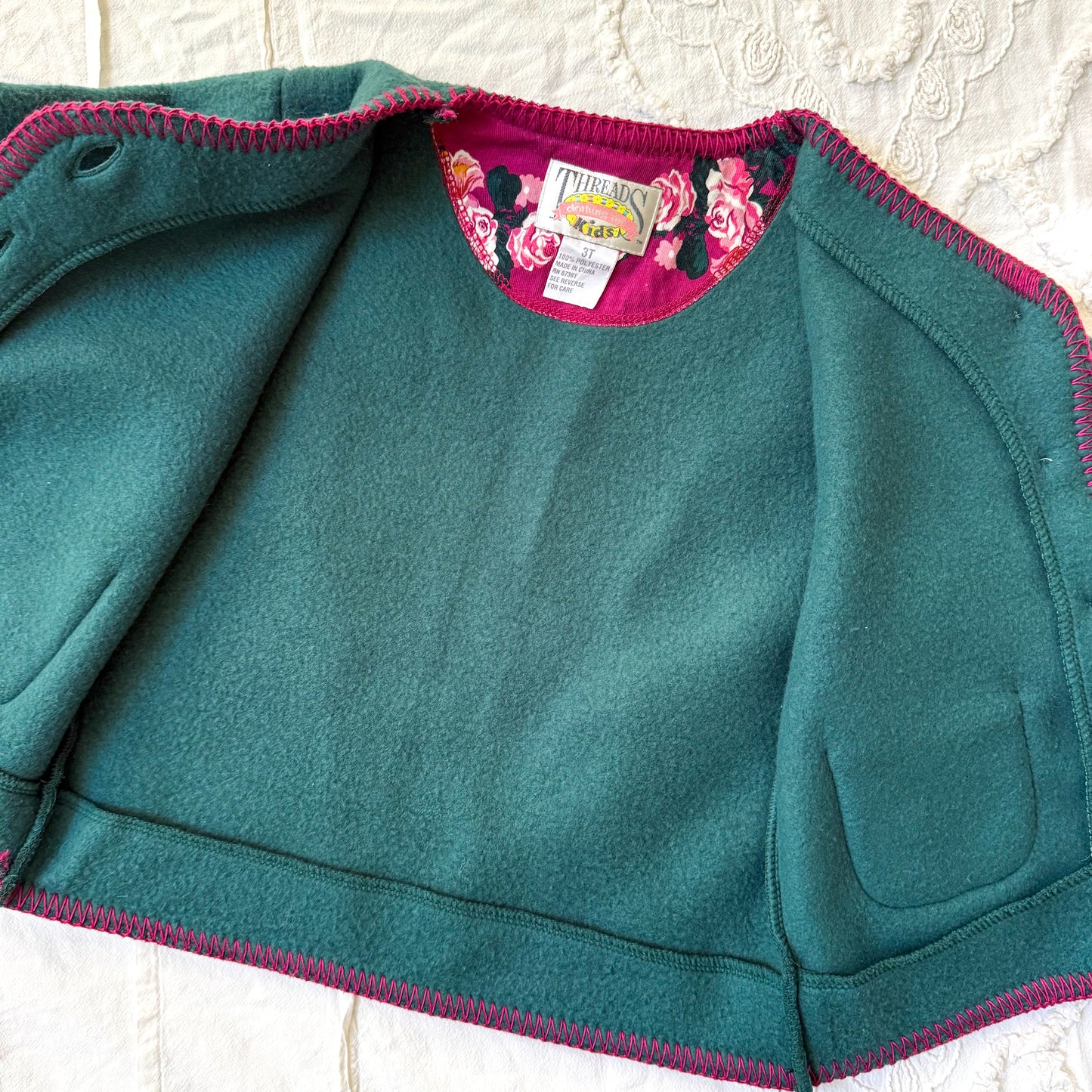 Kids Threads Floral Embroidered Green Fleece Sweater